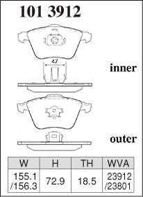 DIXCEL brake pad shape diagram – part number 1013912 – Ford Focus XR5 Turbo (LT) / Mazda 3 MPS (BK / BL)