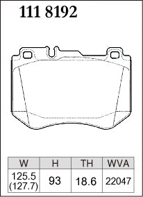 DIXCEL brake pad shape diagram – part number 1118192 – Mercedes-Benz C-Class (W205) / E-Class (W213) / GLC (X253) – AMG Performance Brake