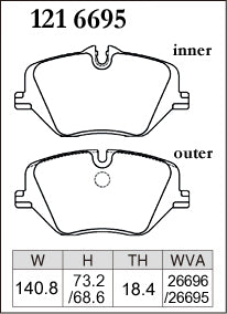 DIXCEL brake pad shape diagram – part number 1216695 – BMW X1 (U11) / X2 (U10) / X3 (G45) / MINI Cooper (J01) / Countryman (U25)