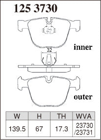 DIXCEL brake pad shape diagram – part number 1253730 – BMW M3 (E90/E92/E93) / M5 (E60) / M6 (E63/E64)