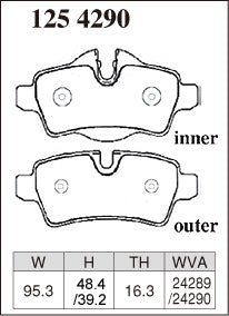 DIXCEL brake pad shape diagram – part number 1254290 – MINI Hatch (R56) / Clubman (R55) / Convertible (R57) / Coupe (R58) / Roadster (R59)