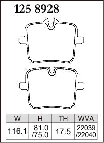 DIXCEL brake pad shape diagram – part number 1258928 – BMW M5 (F90) / M8 (F91/F92/F93) / X5 M & X6 M (F95/F96)