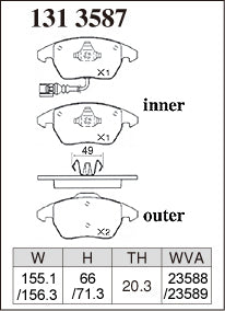 DIXCEL brake pad shape diagram – part number 1313587 – VW Golf GTI (Mk5 / Mk6)