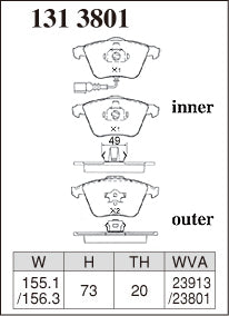 DIXCEL brake pad shape diagram – part number 1313801 – VW Golf R32 (Mk5) / Audi A3 S3 (8P)
