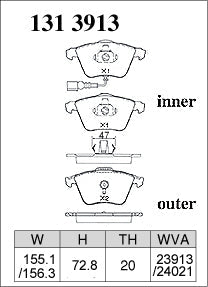 DIXCEL brake pad shape diagram – part number 1313913 – VW Golf R (Mk6) / Scirocco R / Audi S3 (8P)