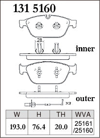 DIXCEL brake pad shape diagram – part number 1315160 – Audi A8 / S8 (D4) / SQ5 (8R)