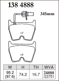 DIXCEL brake pad shape diagram – part number 1384888 – Audi R8 (42) / RS4 (B7/B8) / RS5 (8T/8F) / RS6 (C5) / Lamborghini Gallardo / Huracan (724)