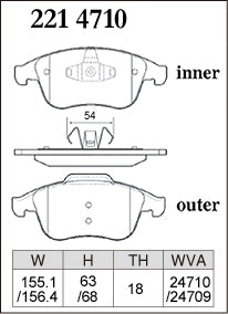 DIXCEL brake pad shape diagram – part number 2214710 – Renault Megane GT (III/IV) / Clio RS (IV) / Laguna III