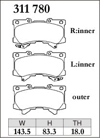 DIXCEL brake pad shape diagram – part number 311780 – Toyota LandCruiser LC300 (2021+) / Prado 250 (2024+)