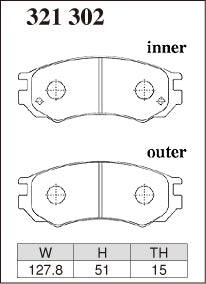 DIXCEL brake pad shape diagram – part number 321302 – Nissan Pulsar (N15) / Pulsar GTI-R (N14) / NX (B13)