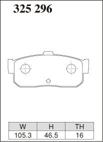 DIXCEL brake pad shape diagram – part number 325296 – Nissan Pulsar (N15) / Maxima (A32/A33) / Cefiro (A32) / Bluebird (U13)