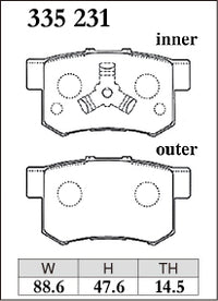 DIXCEL brake pad shape diagram – part number 335231 – Honda CR-V (RD6/RD7/RE3/RE4/RM1/RM4)