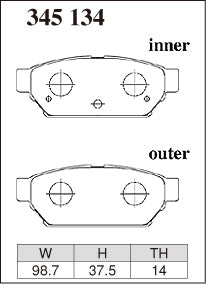 DIXCEL brake pad shape diagram – part number 345134 – Mitsubishi Lancer Evo I / II / III (CD9A/CE9A)