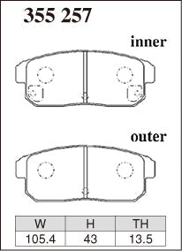 DIXCEL brake pad shape diagram – part number 355257 – Mazda RX-8 (SE / FE)