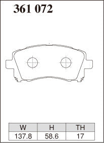 DIXCEL brake pad shape diagram – part number 361072 – Subaru WRX (GC8) / WRX STI (V3 / V4)
