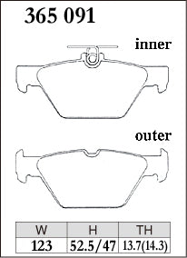 DIXCEL brake pad shape diagram – part number 365091 – Subaru WRX (VA/VN) / Forester (SK) / Outback (BS/BT) / Levorg (VM) / Impreza (GK/GT/GU) / XV / Crosstrek (GT/GU)