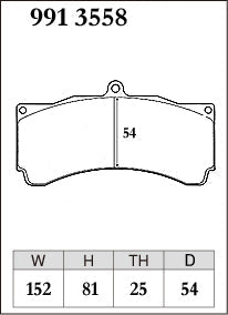 DIXCEL brake pad shape diagram – part number 9913558 – Alcon CAR89 / CR6420, AP Racing CP9668 (25mm / D54)