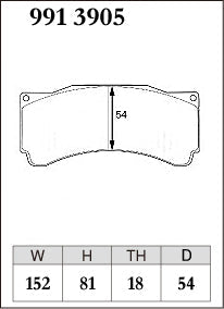 DIXCEL brake pad shape diagram – part number 9913905 – Brembo Pista / Alcon CAR89 / Alcon TA6+ / AP CP9660 (18mm)
